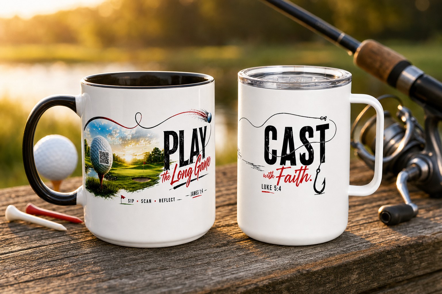 Play the Long Game mug and Cast with Faith mug shown individually